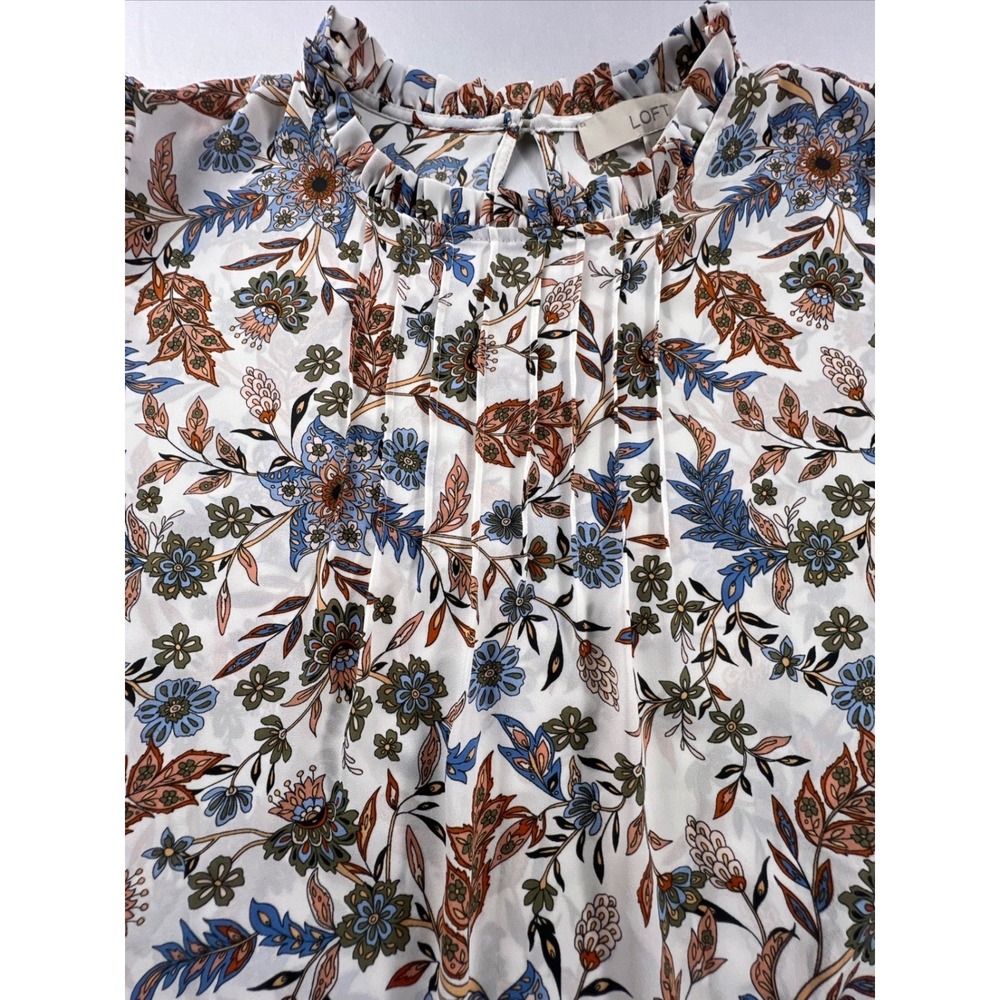 LOFT Womens Floral Ruffle Neck Blouse Small Long Sleeve Keyhole Top White - Picture 7 of 13